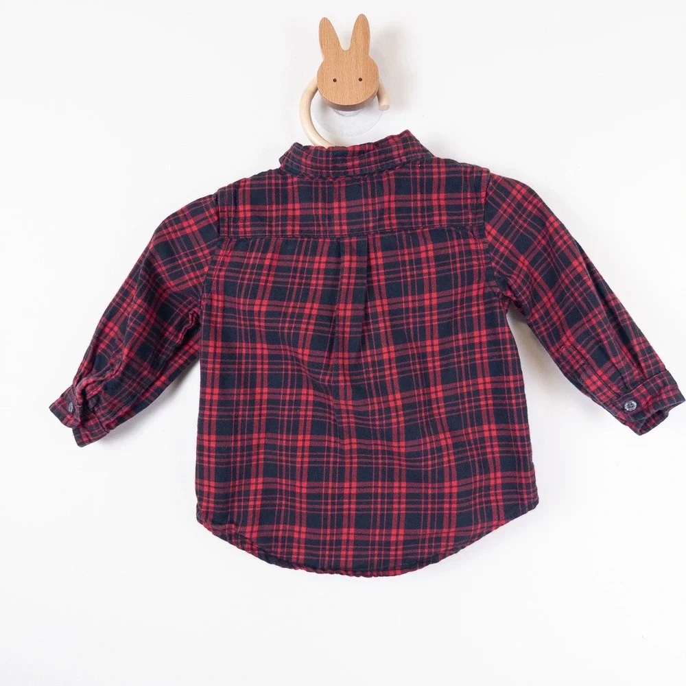 Ralph Lauren Button Down‎ Shirt Kids 9M Red Black Plaid Flannel Long Sleeve
